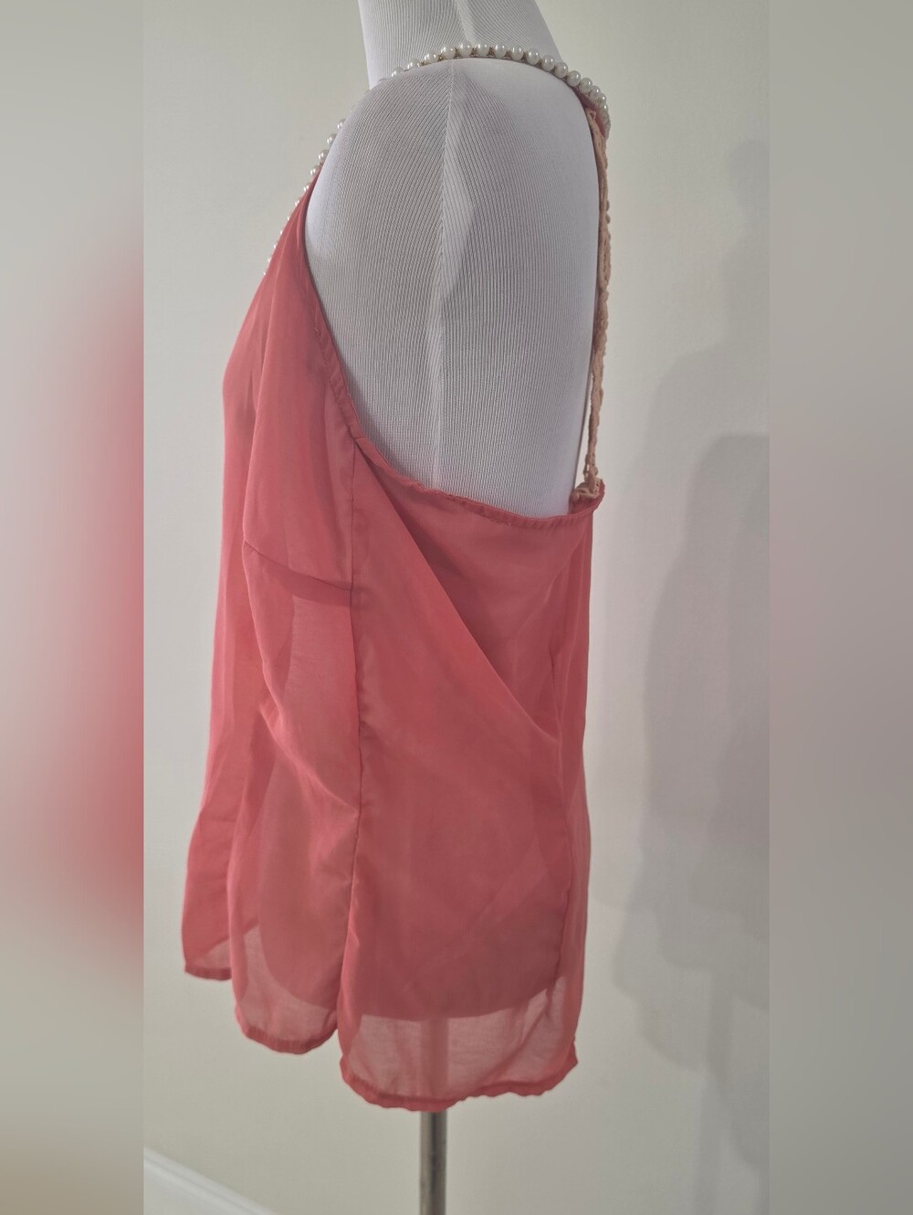 Sheer Pearl-Trim Sleeveless Blouse - Pink - Picture 2 of 3